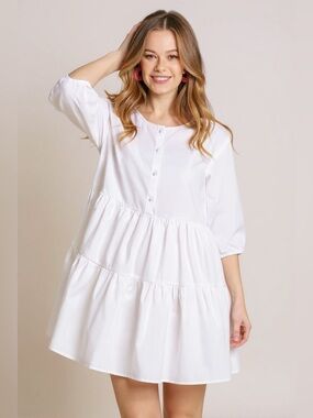 Off White Half Button 3/4 Sleeve Tiered Shirt Dress